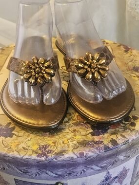 Nine West Metallic Bronze Jeweled Thong Sandals